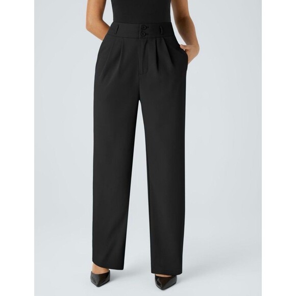 Halara Black High Waisted Button Zipper Shirred Straight Leg Work Pants Sz S NWT - Picture 1 of 5